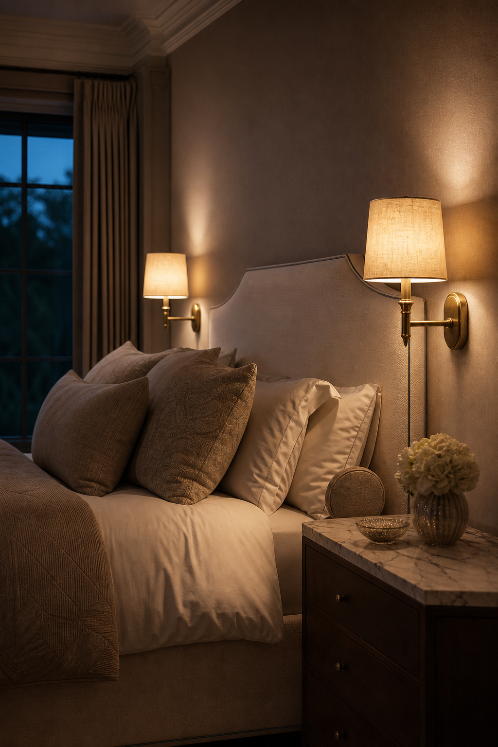 Warm bedside wall sconces creating a cozy bedroom glow