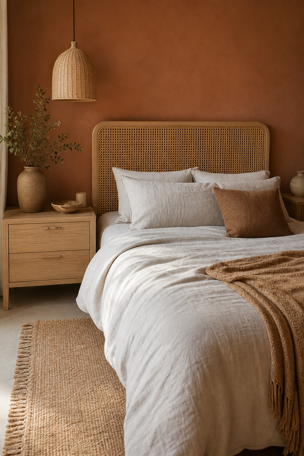 Boho bedroom with rattan headboard and simple linen bedding