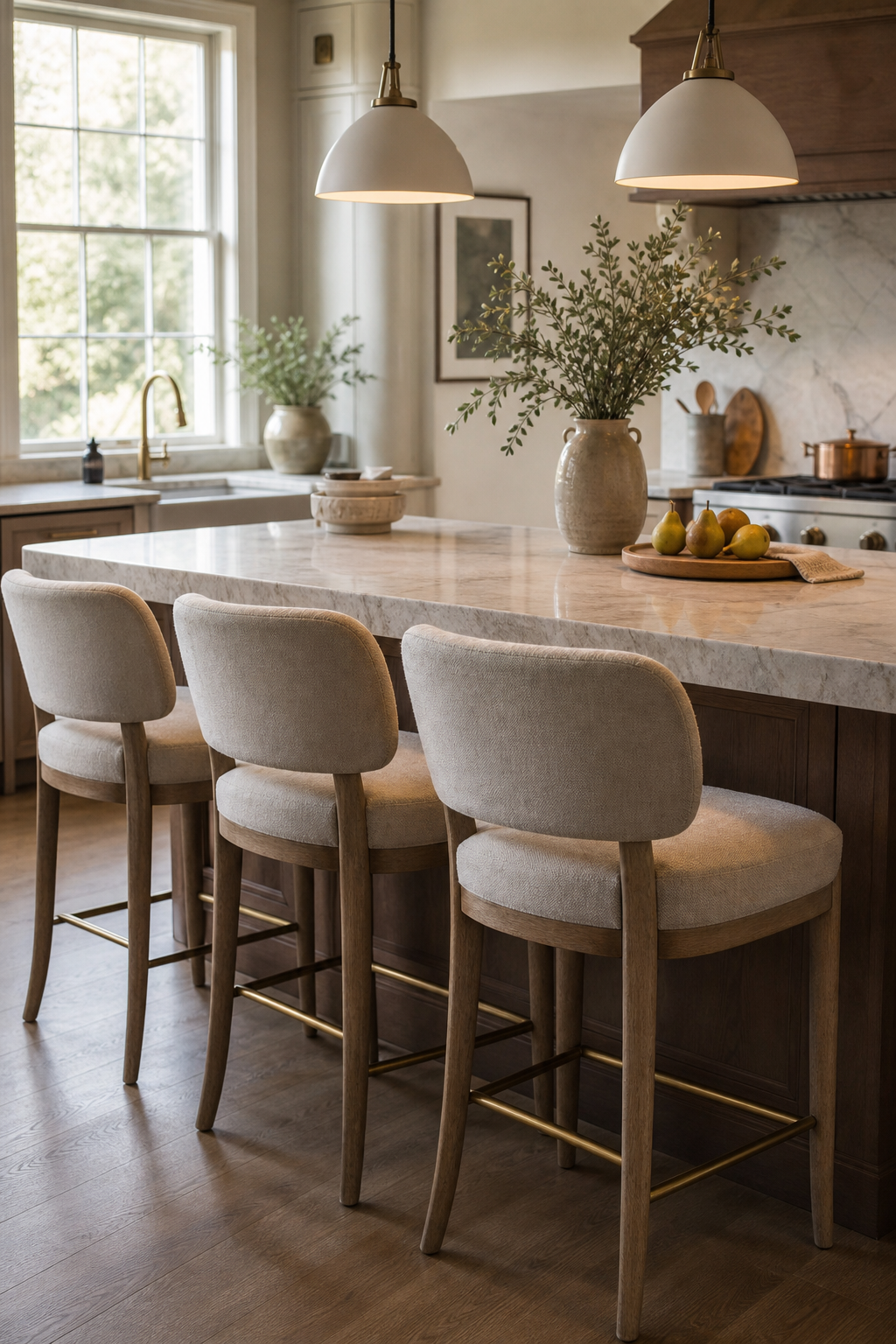 Comfortable upholstered stools at a warm functional kitchen island