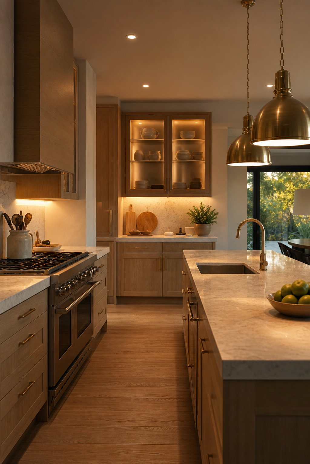 Modern kitchen with layered warm lighting, alabaster pendants, and under-cabinet glow