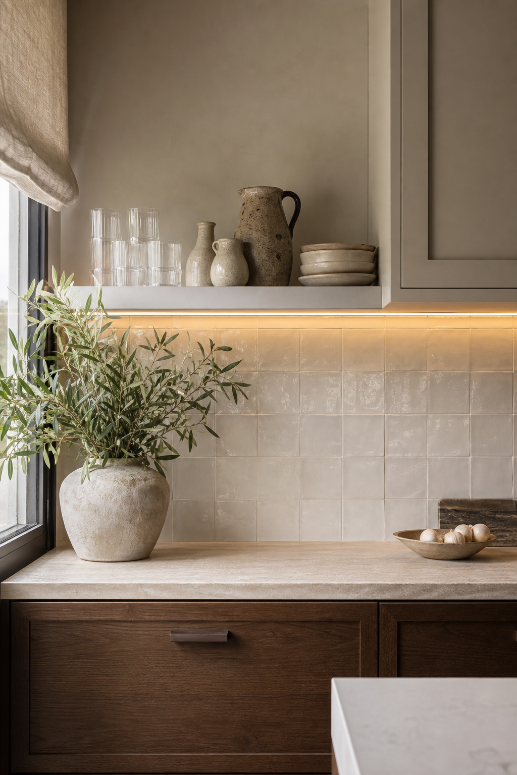 Small kitchen with one edited open shelf for ceramics and glasses