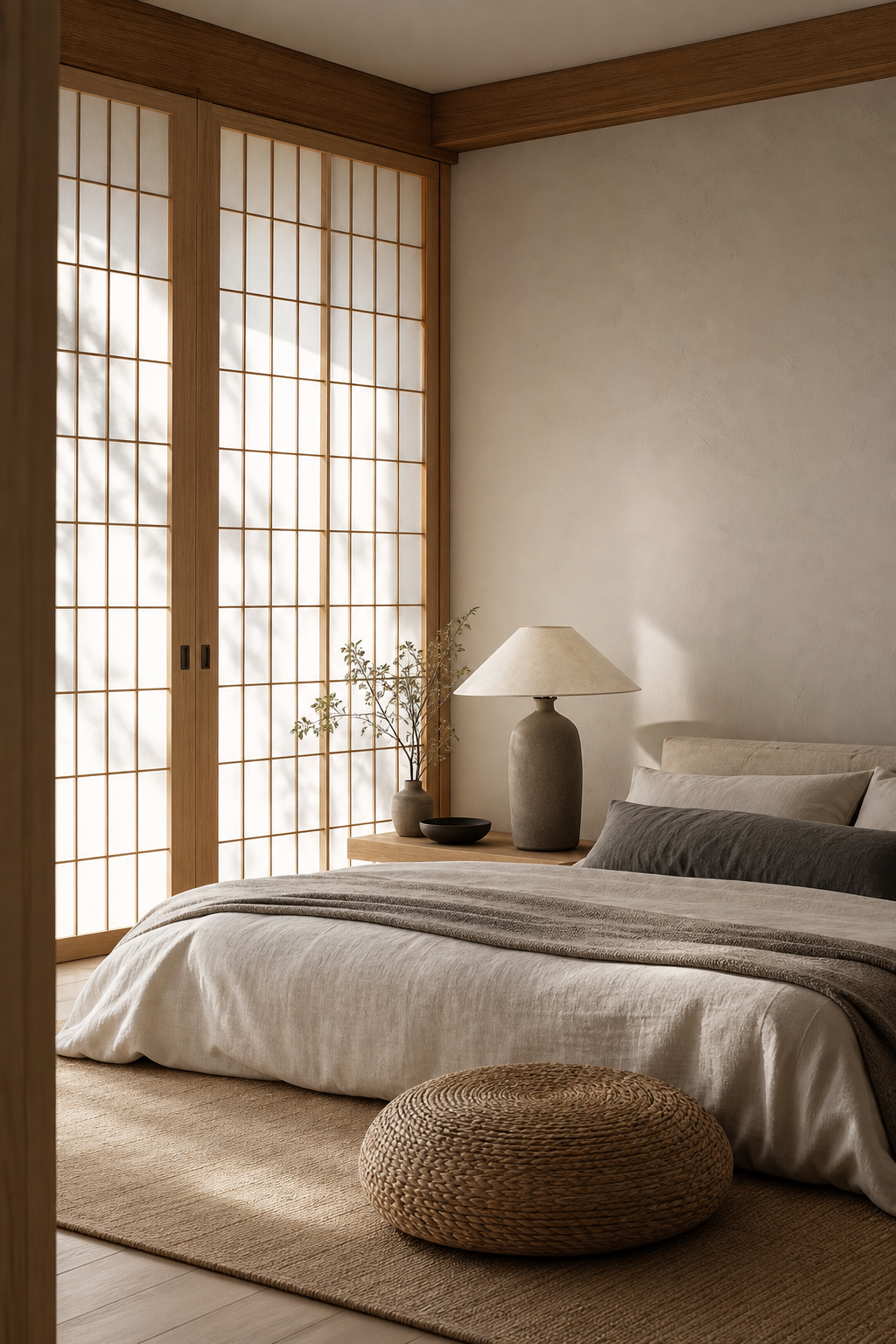 Japandi bedroom with use Shoji-Inspired Sliding Panels