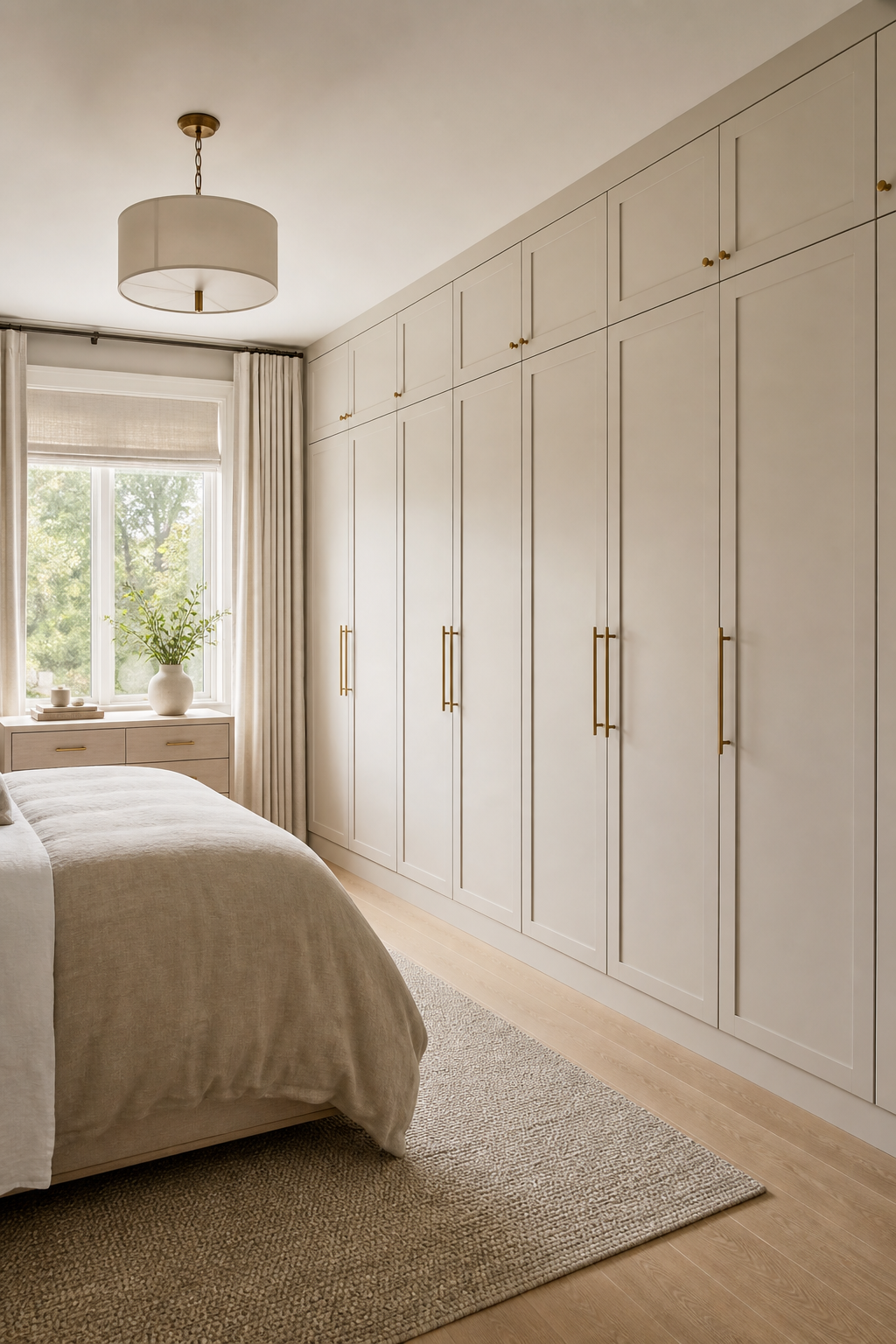 Small bedroom with one wall of built-in wardrobes and a calm bed layout