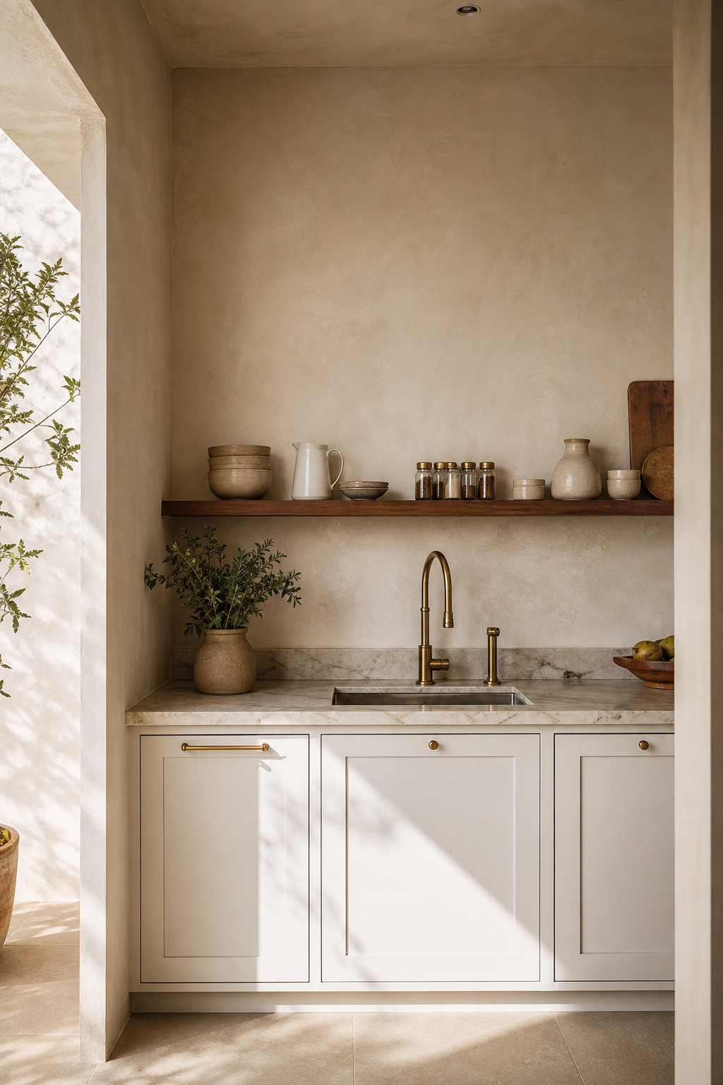 Small kitchen with slim walnut ledge, white lower cabinets, marble counter, and curated ceramics