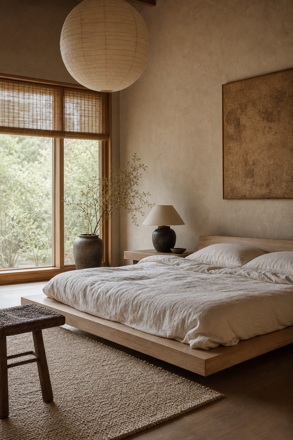 Japandi bedroom with low wood bed, linen bedding, and rice paper lighting