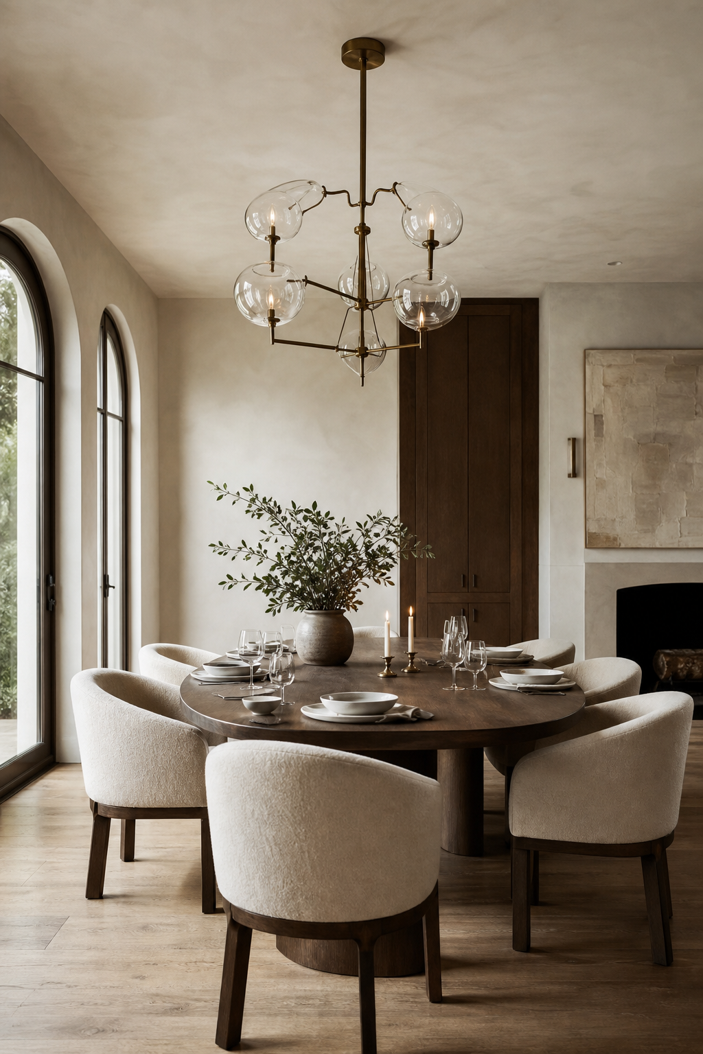 Elegant dining room with oval smoked oak table, sculptural chandelier, upholstered chairs, and refined tabletop styling