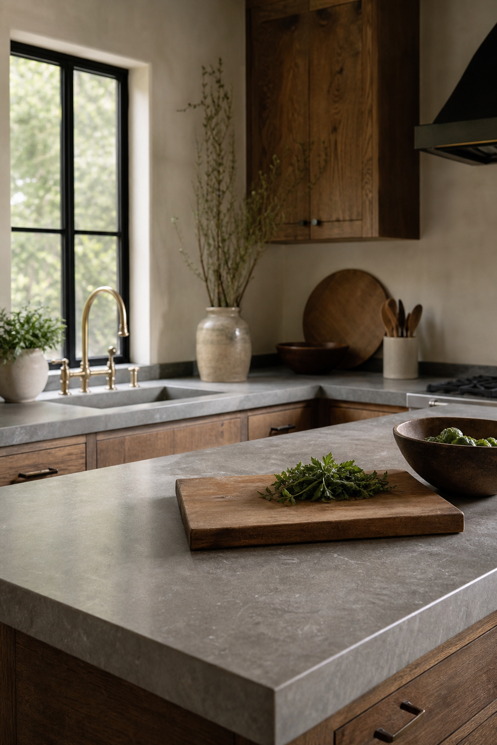 stone counters with soft movement in a warm functional kitchen