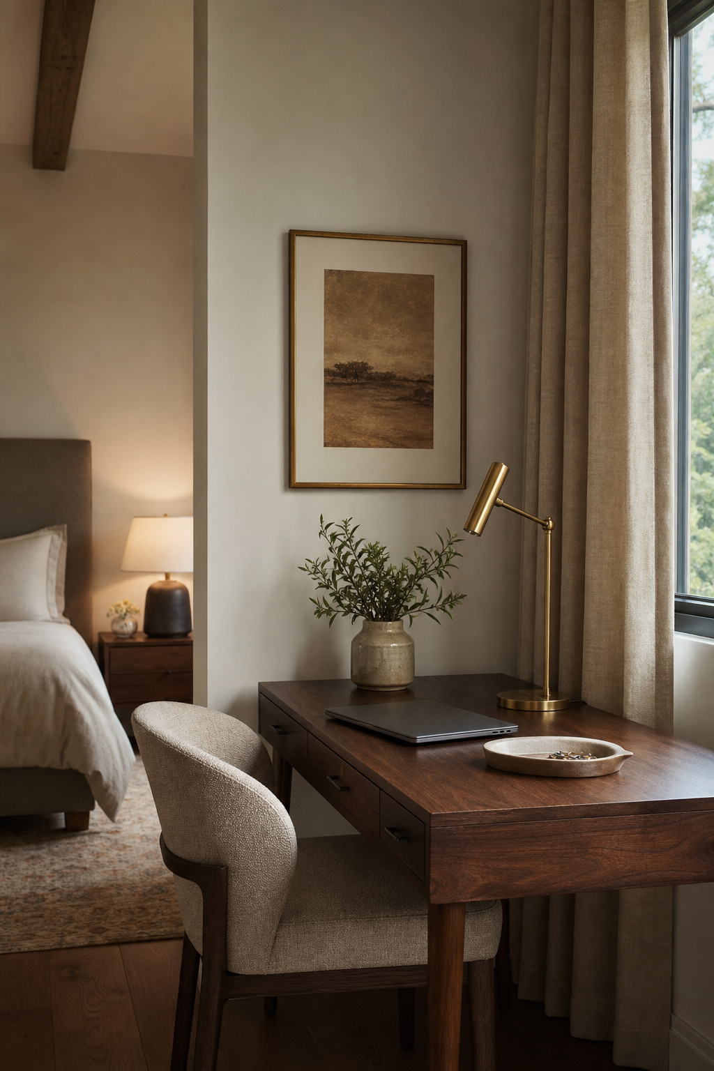 Refined bedroom desk zone with walnut desk, upholstered chair, lamp, and closed storage