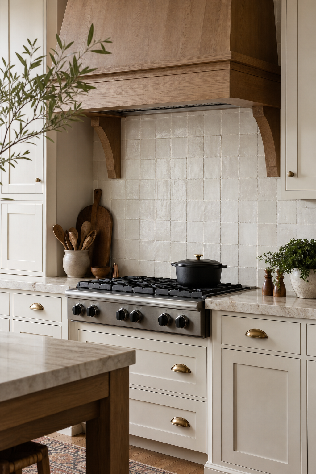 Handmade ivory tile backsplash in a modern farmhouse kitchen