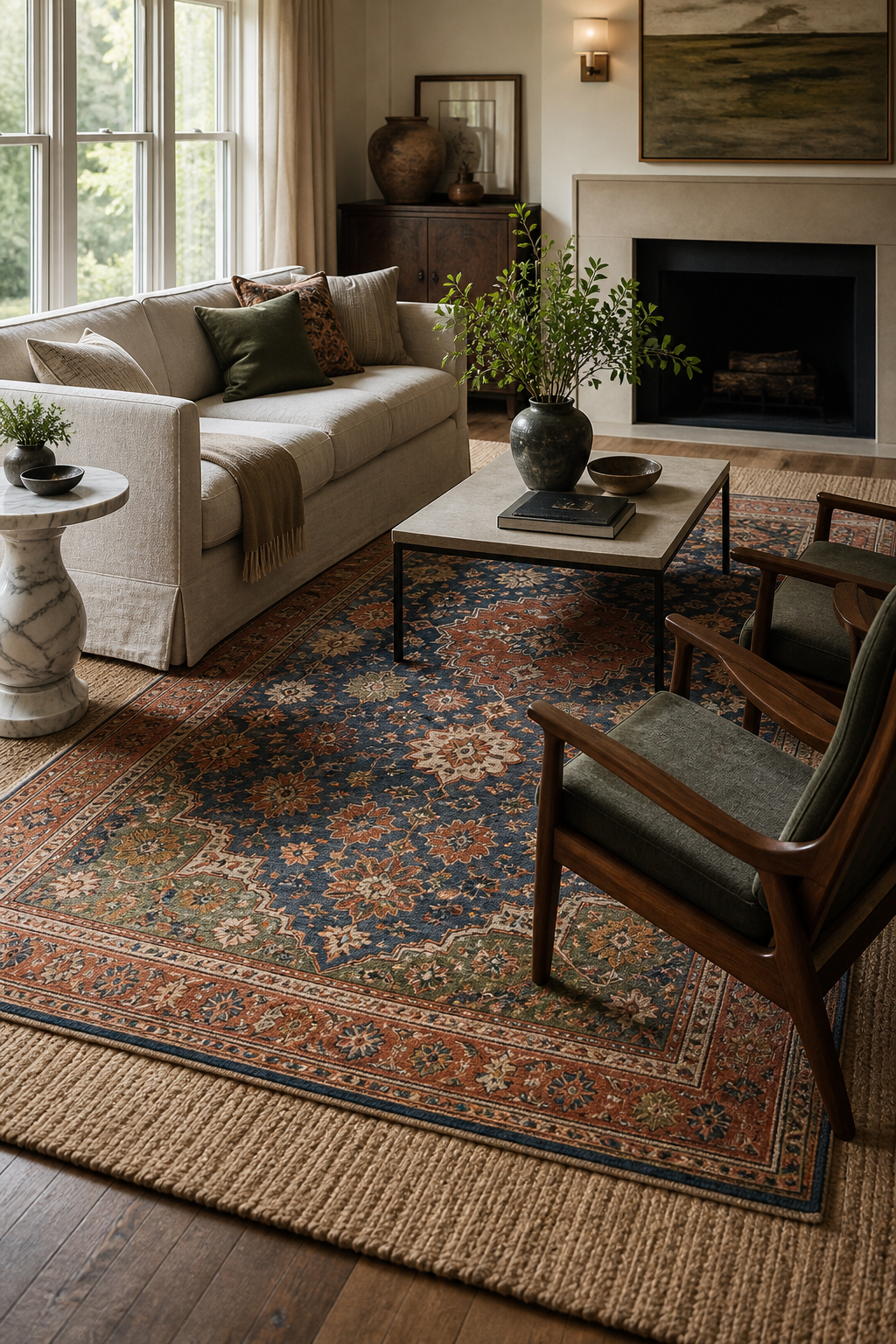Refined living room with layered patterned rugs, linen sofa, walnut chairs, and colorful accents