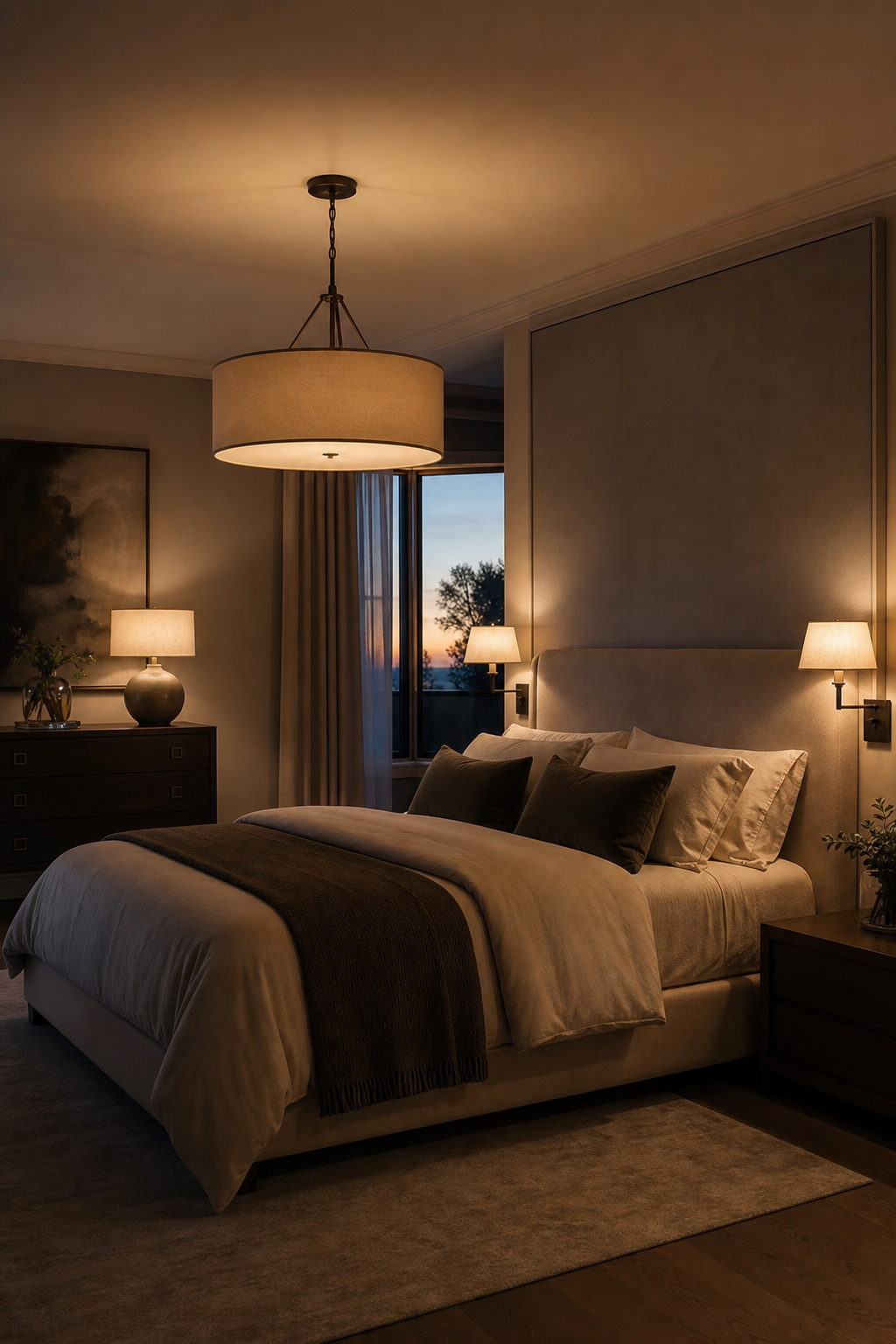 Modern bedroom with pendant, sconces, and warm accent lighting at dusk