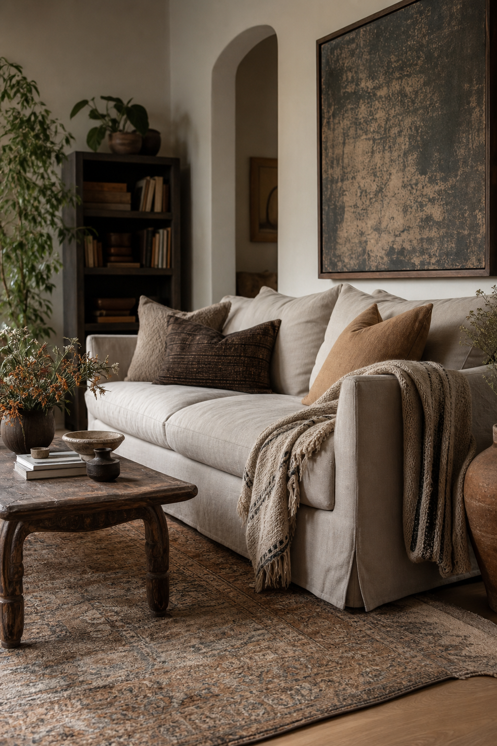 Relaxed linen sofa styled with pillows and a woven throw in a boho living room