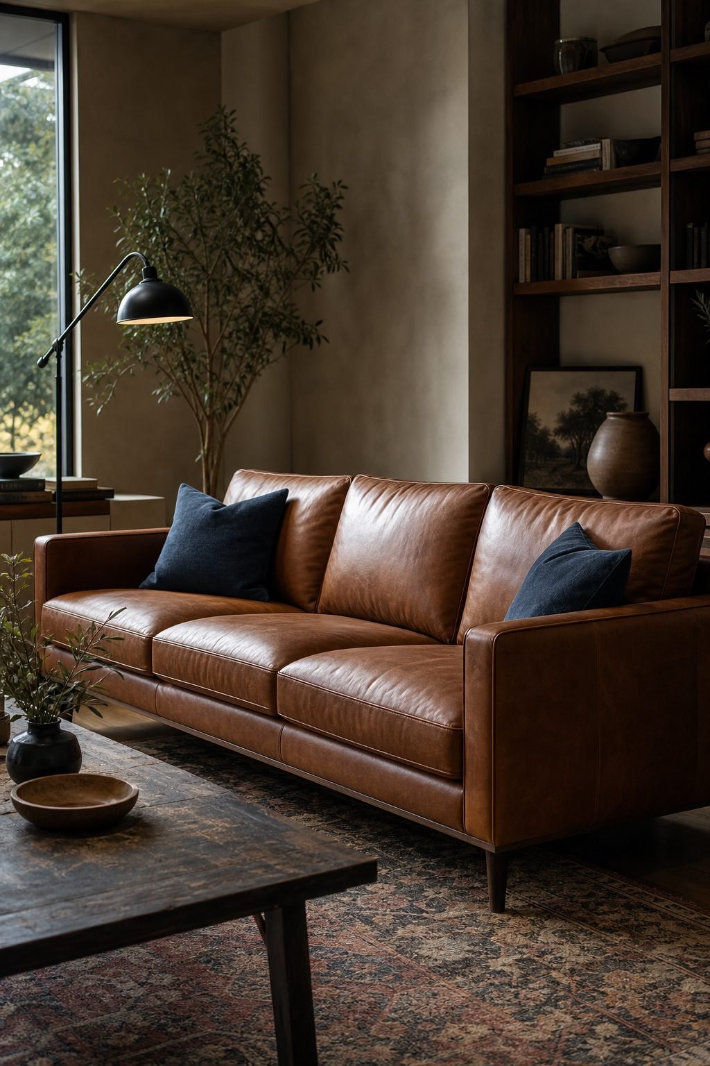 Cognac leather 3 seater sofa adding warmth to a stylish living room with vintage rug and dark wood
