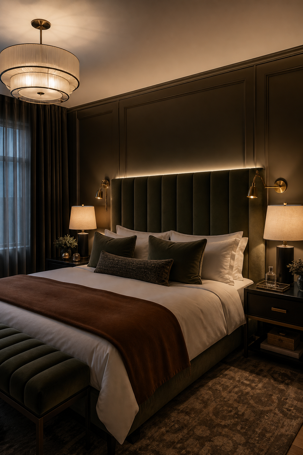 Boutique hotel bedroom with layered lighting and a dramatic paneled headboard wall
