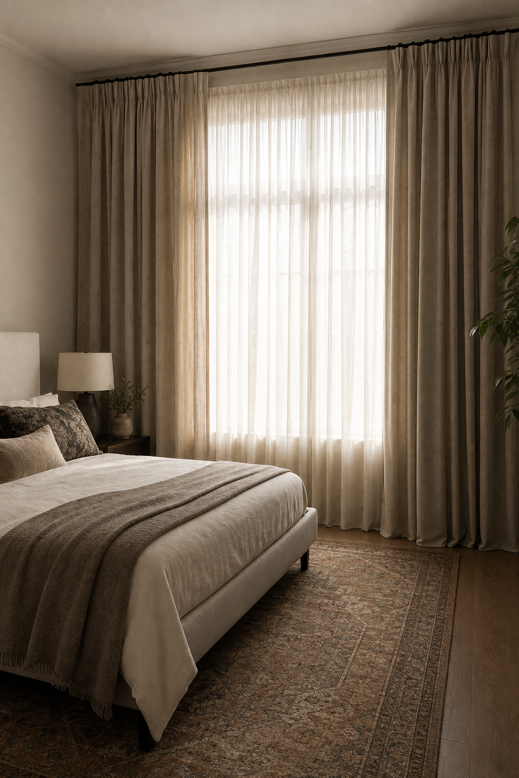 High wide linen curtains making a rental apartment feel taller