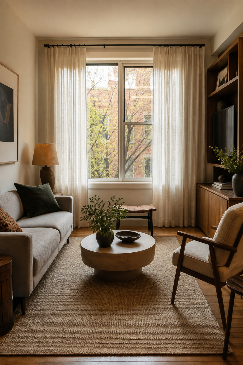 Compact living room with round coffee table for easy flow