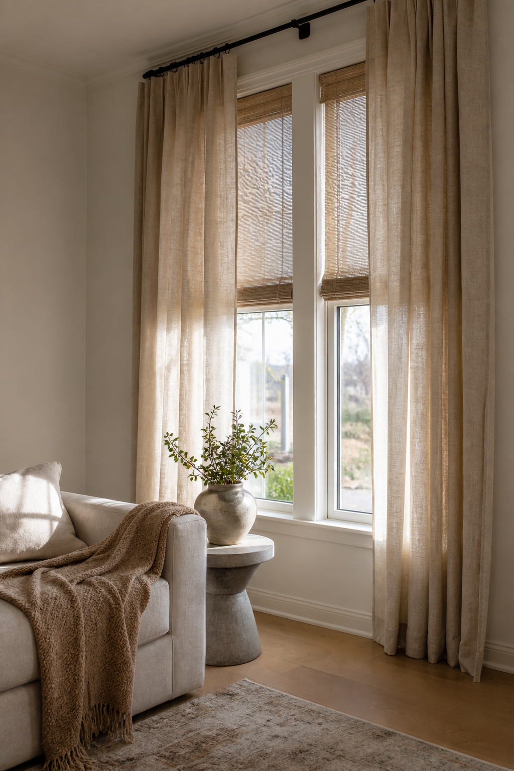 Small apartment window with layered flax linen curtains and woven shades for cozy privacy