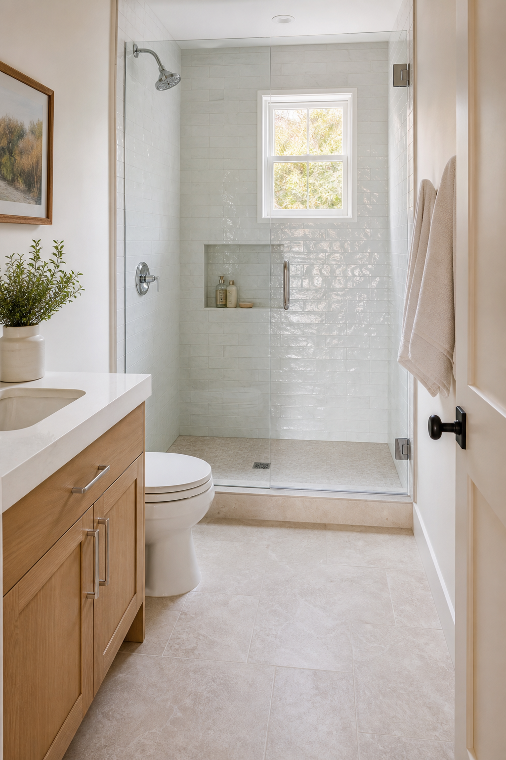 Small full bathroom idea with choose a glass shower door for an open sightline