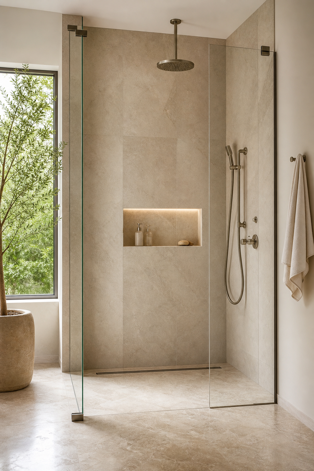Frameless walk-in shower with curbless stone floor in a modern bathroom