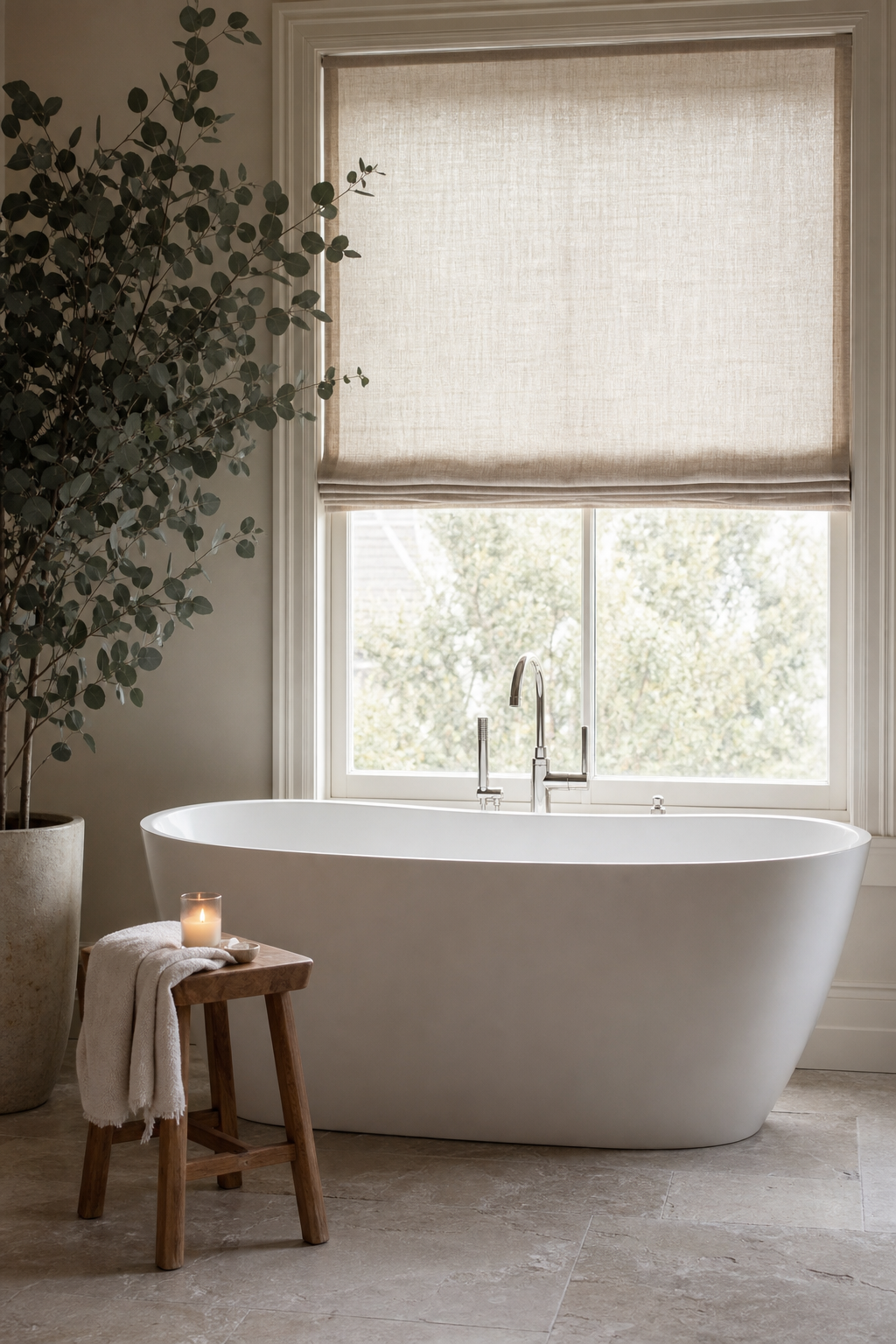 Freestanding soaking tub with teak stool and linen Roman shade