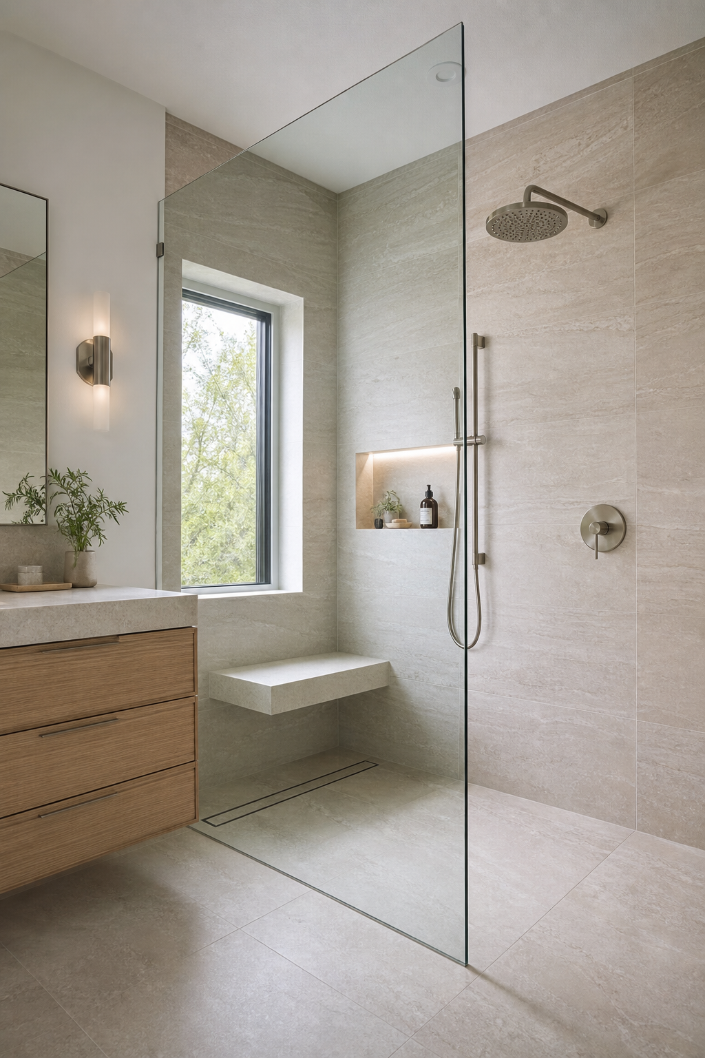 Frameless walk-in shower with warm stone tile, fixed glass panel, and rainfall showerhead