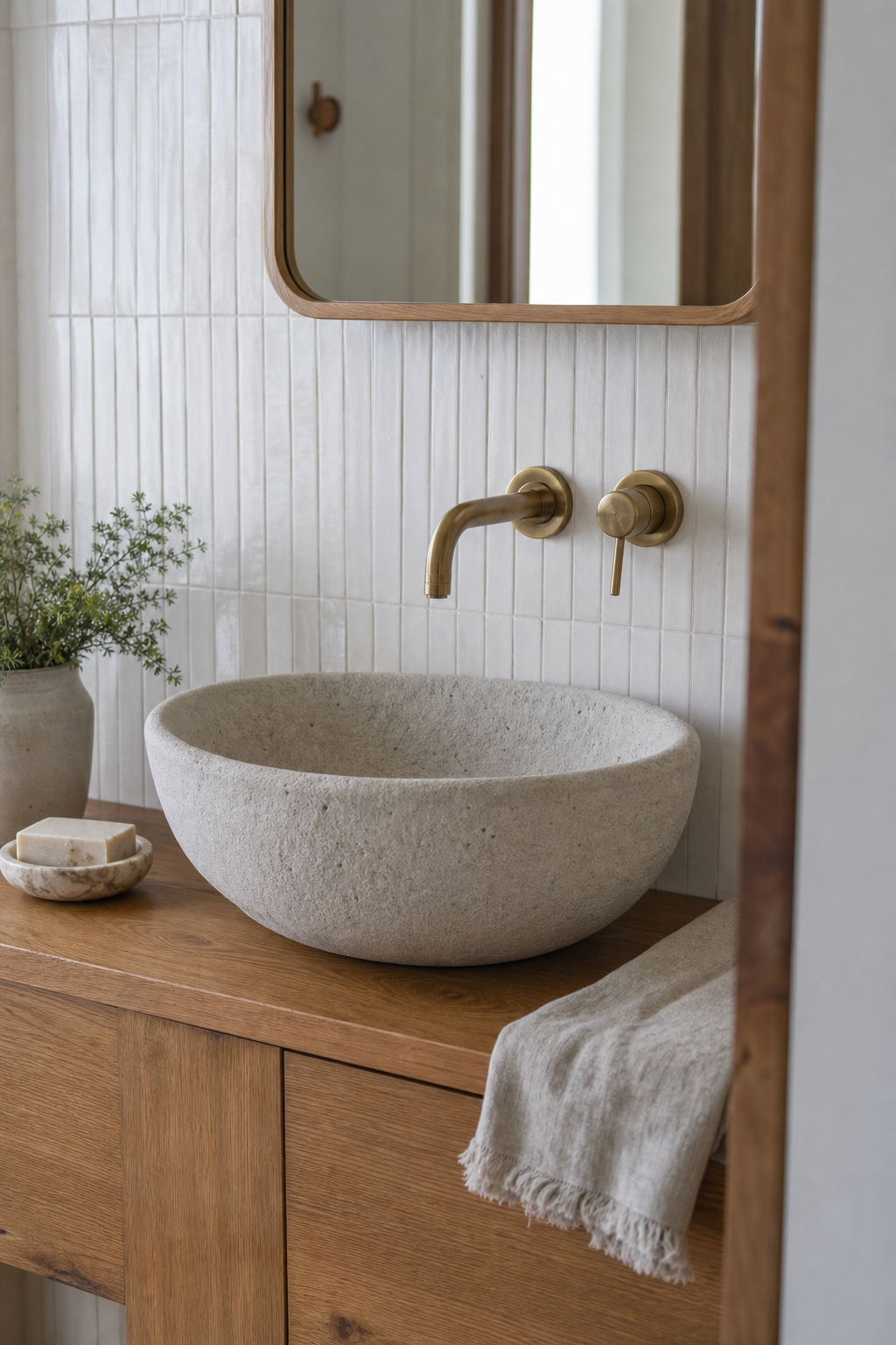 Small bathroom vanity with wall-mounted brass faucet and clear counter