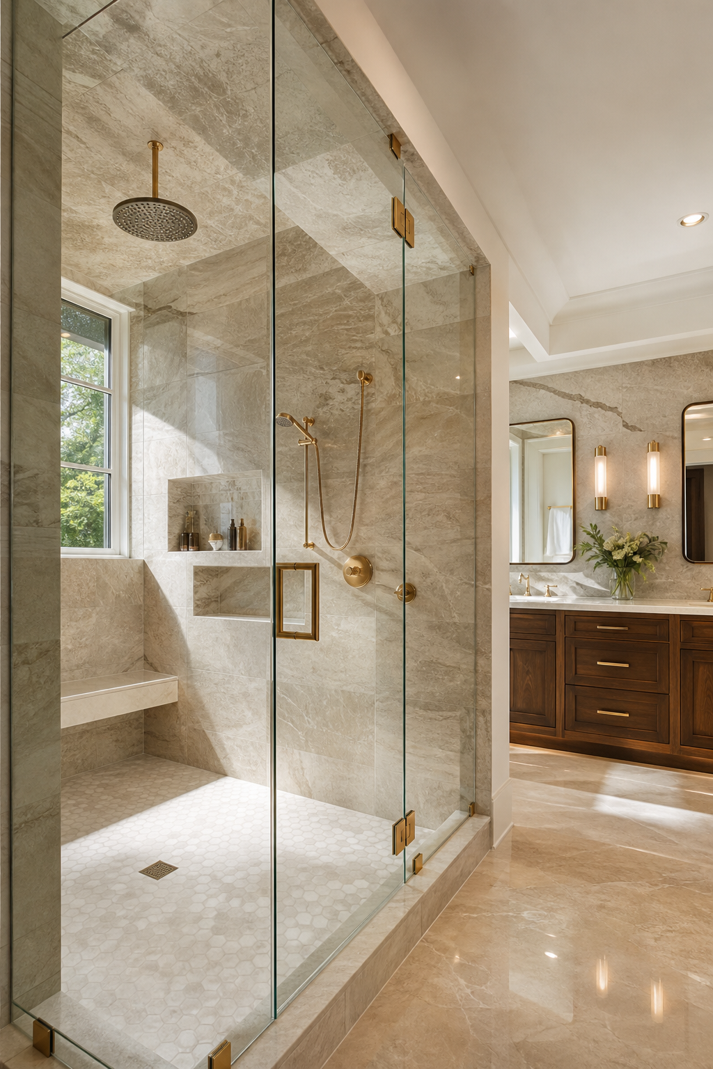 Frameless glass shower enclosure in a master bath