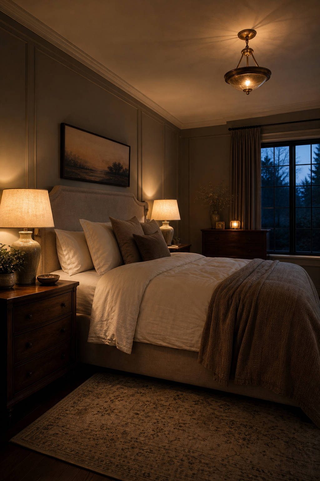 Cozy bedroom illuminated by layered warm bedside and accent lighting