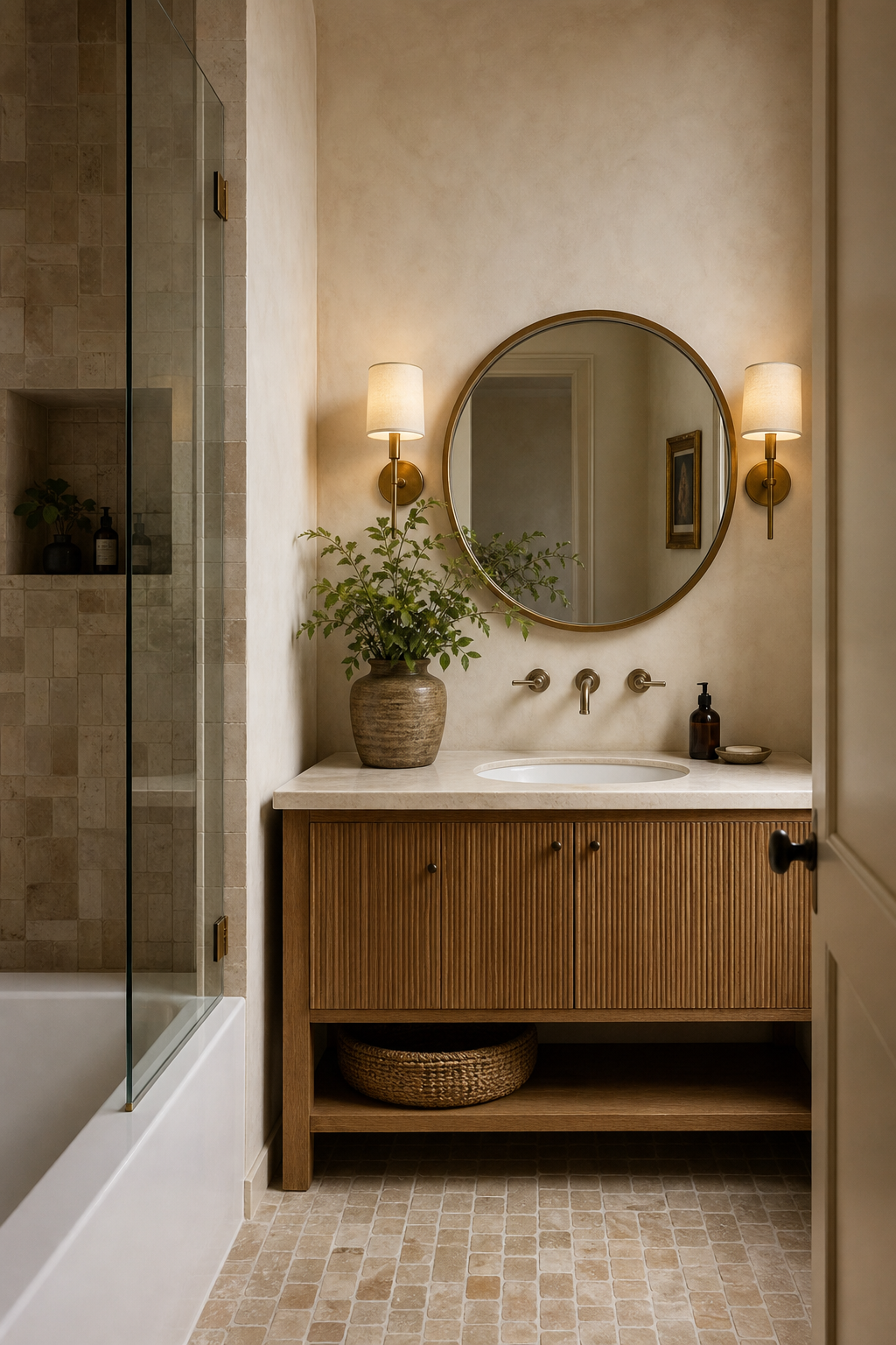 choose a creamy limewash wall finish in a cozy spa-like bathroom