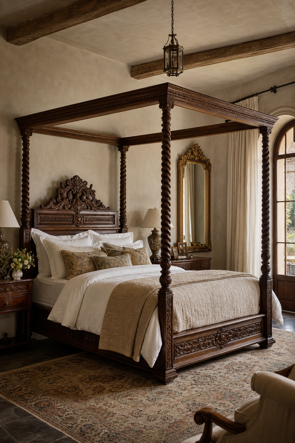 Carved wood canopy bed in an elegant old world bedroom