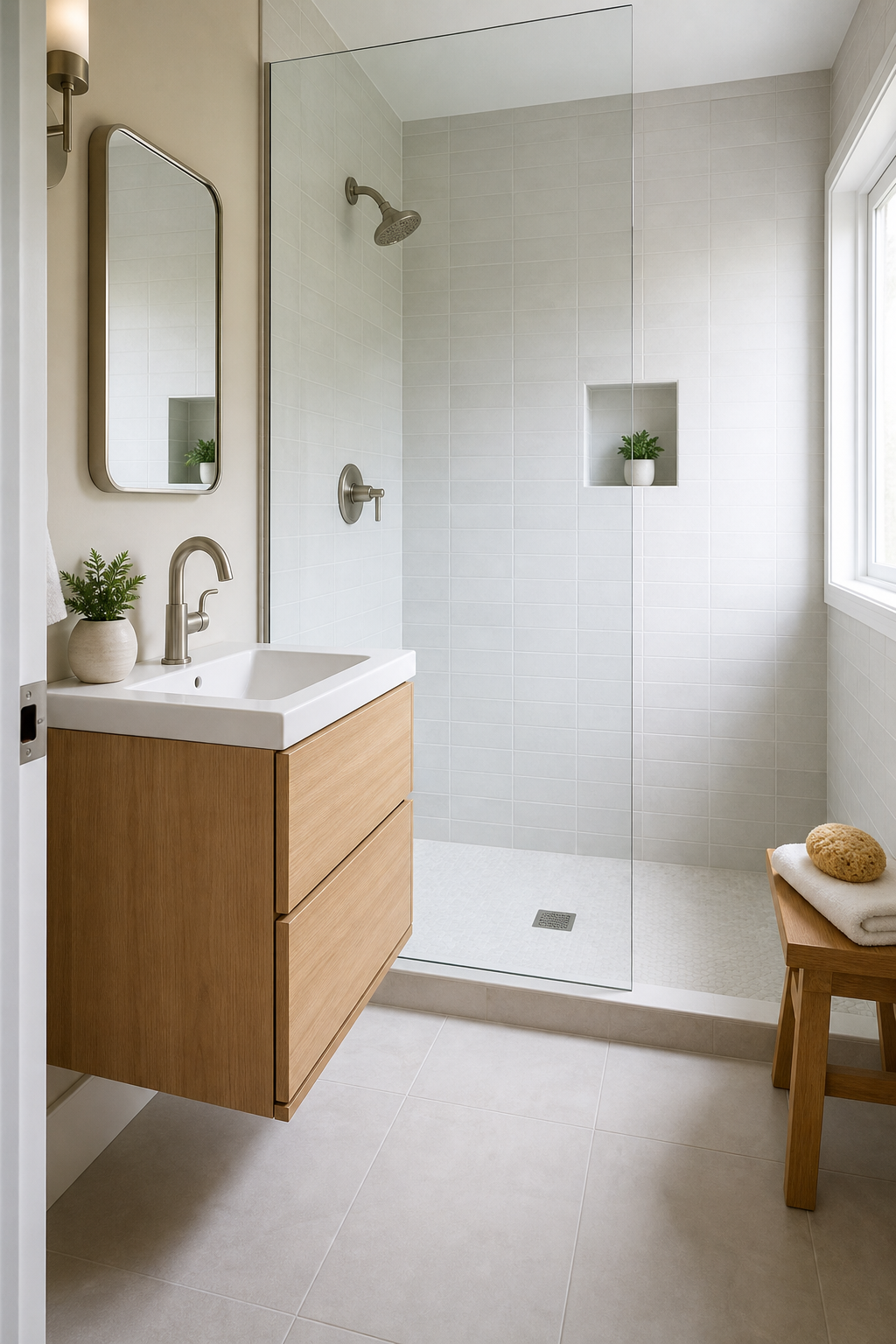 Tiny bathroom with clear glass shower panel and open sightline