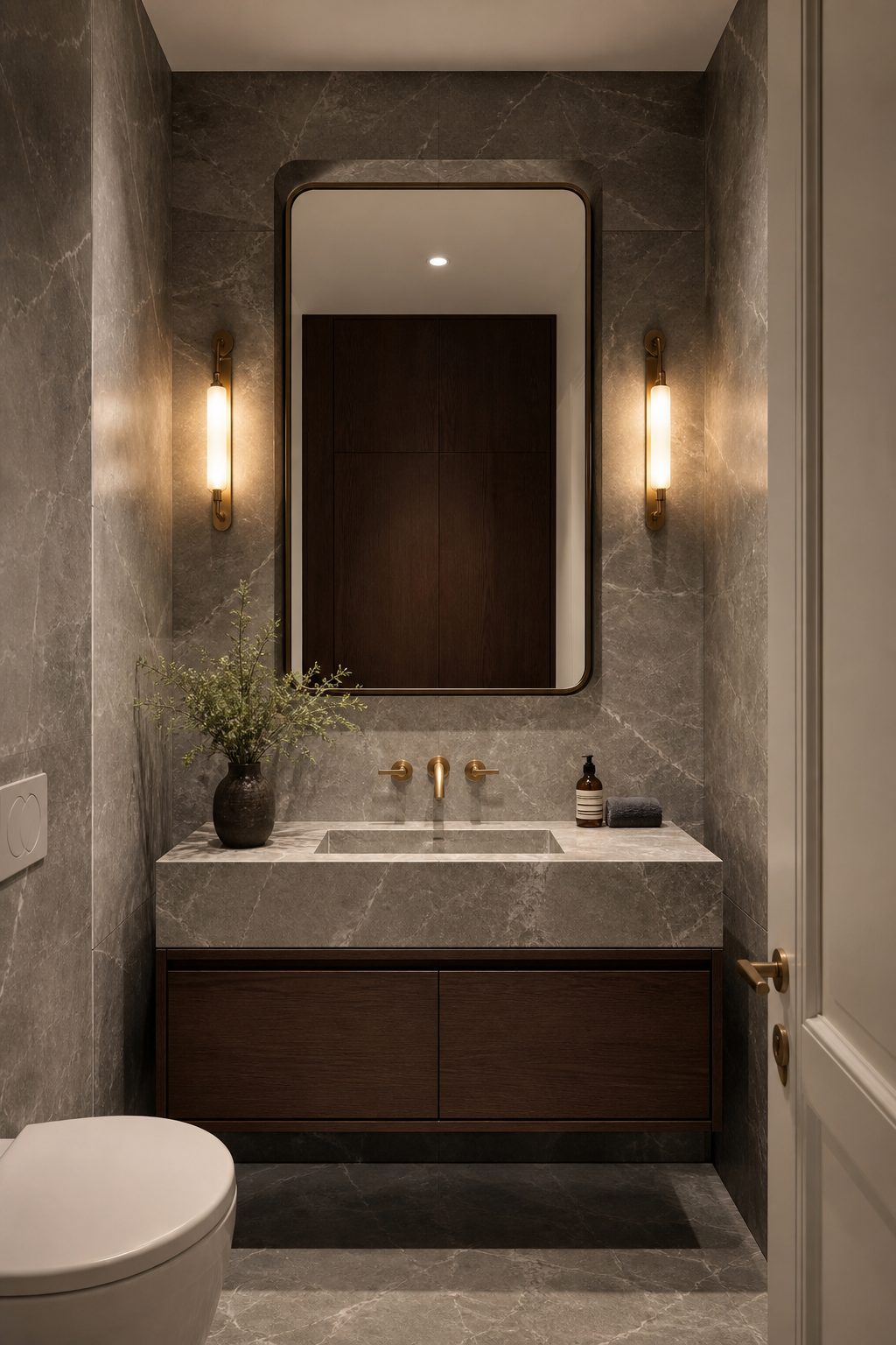 Small bathroom interior idea with let one material wrap the sink wall