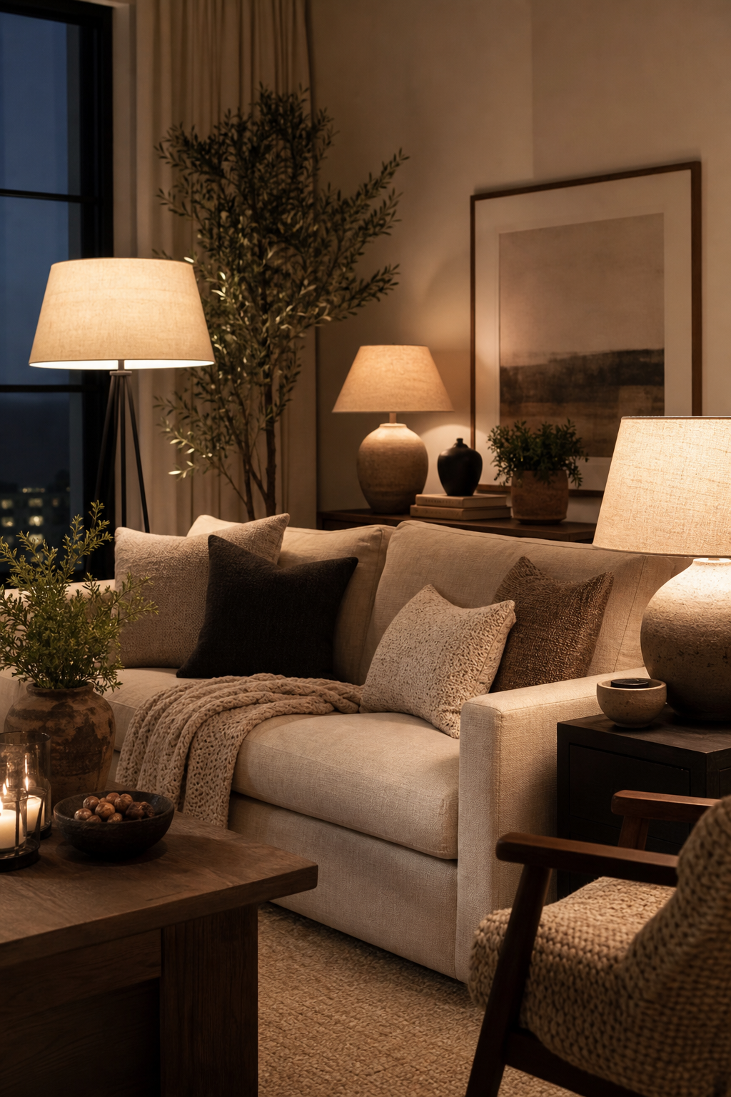 Cozy living room with layered table lamps and warm evening lighting