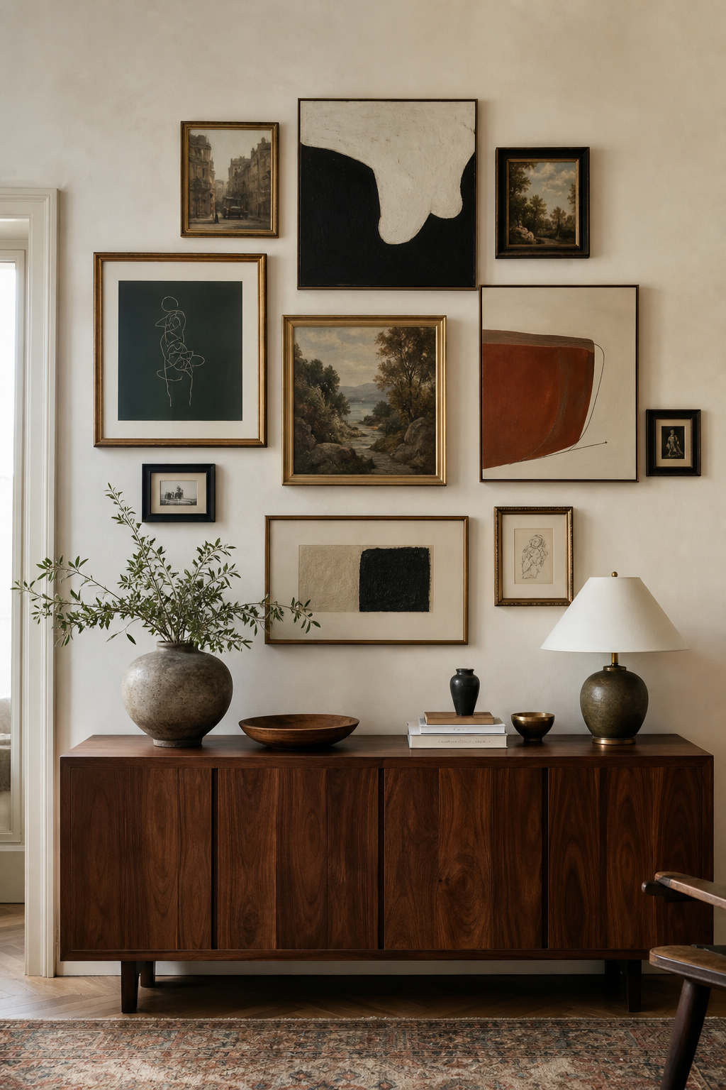 Asymmetrical gallery wall over a walnut console