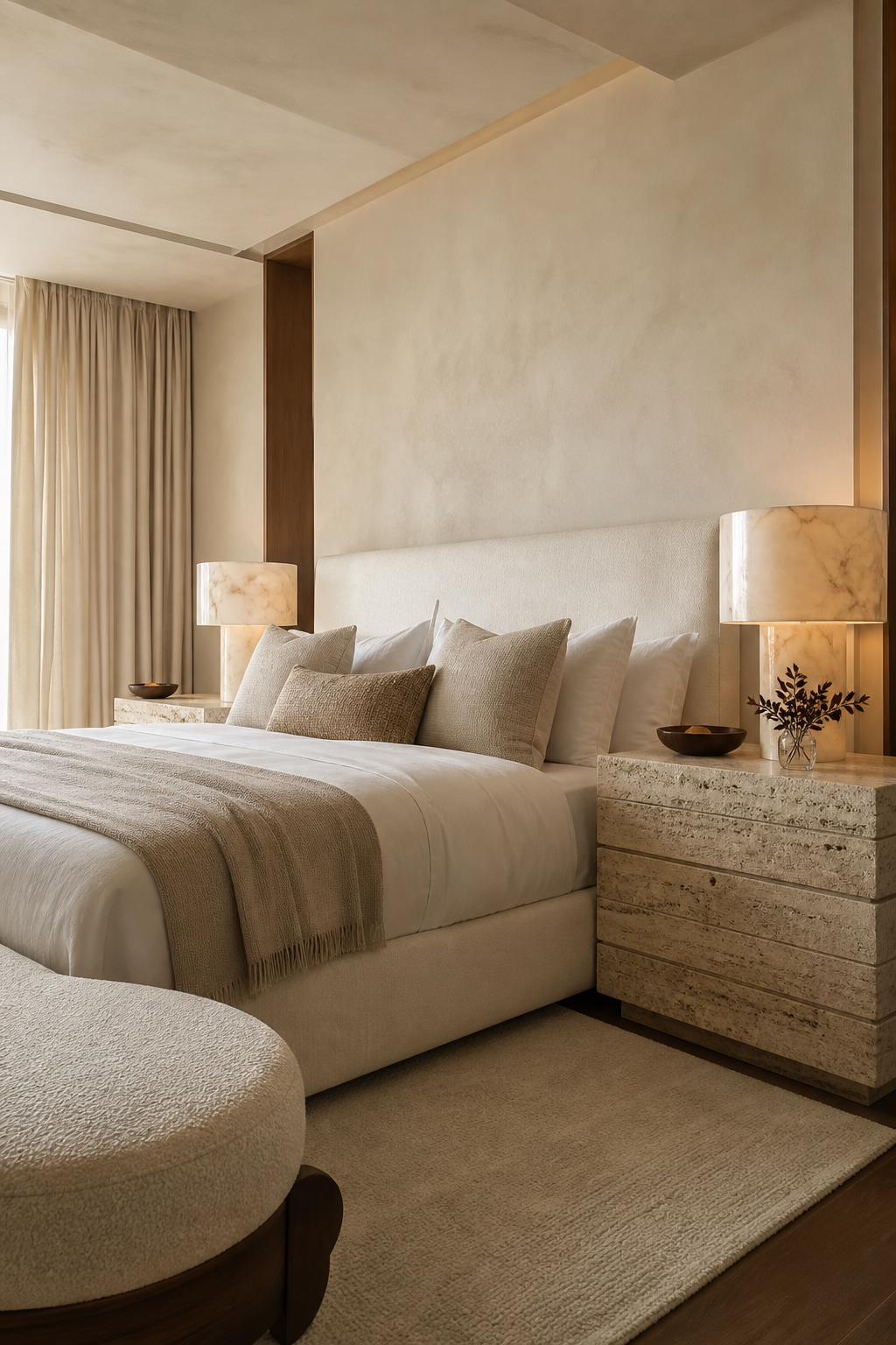 Luxury bedroom with travertine nightstands and soft neutral bedding