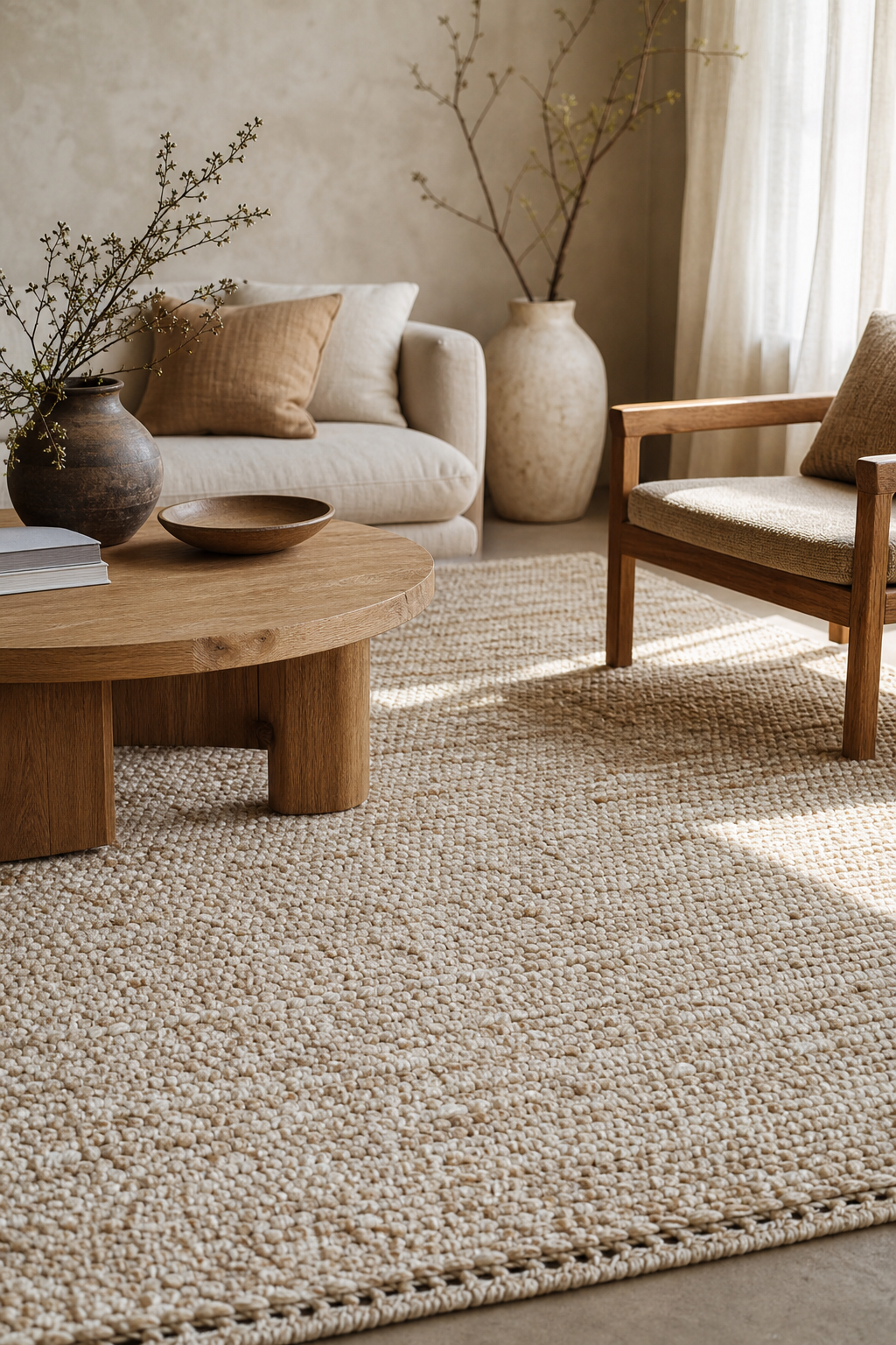 Japandi living room with large woven neutral rug anchoring seating