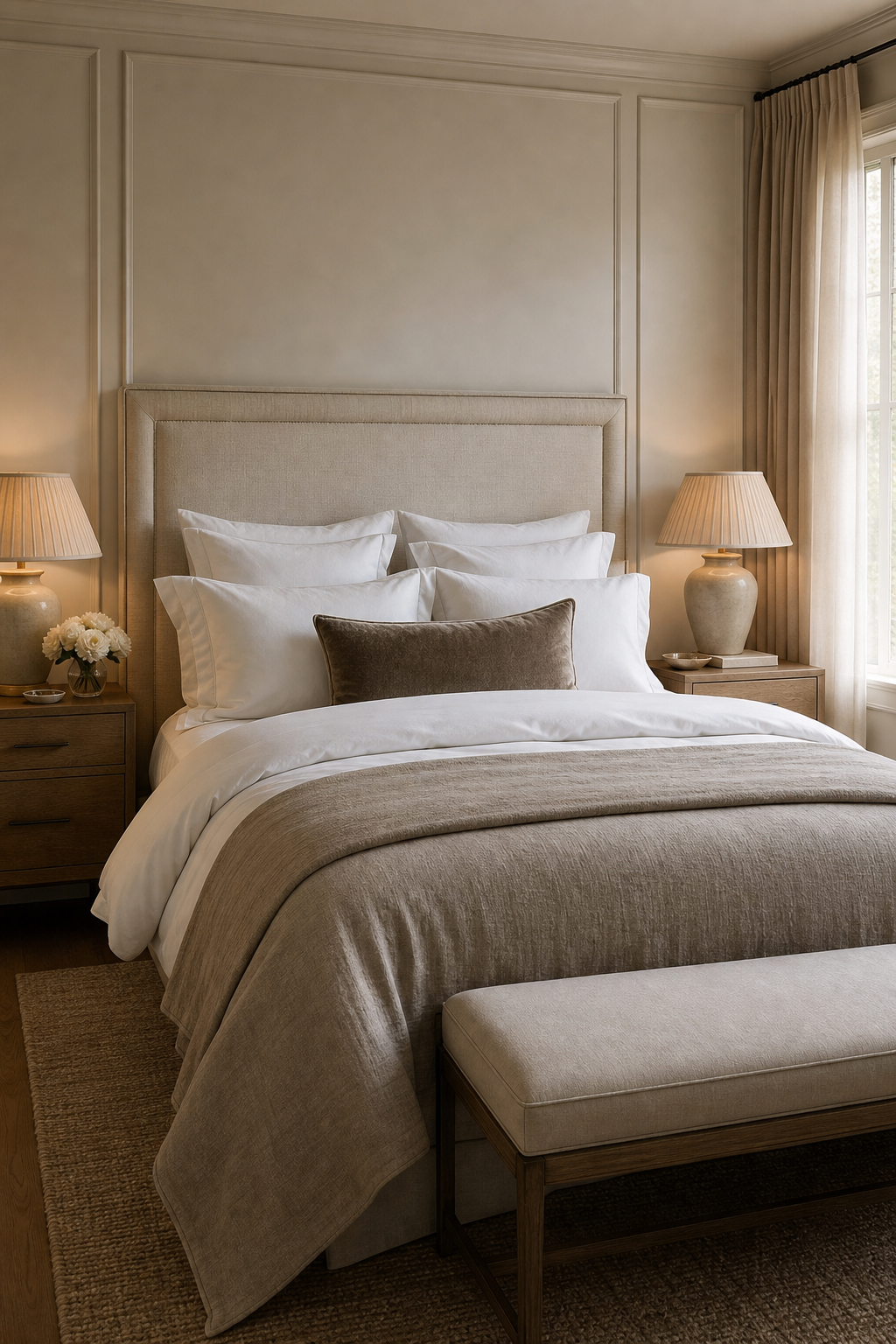 Serene bedroom with layered hotel-style bedding and calm neutral decor