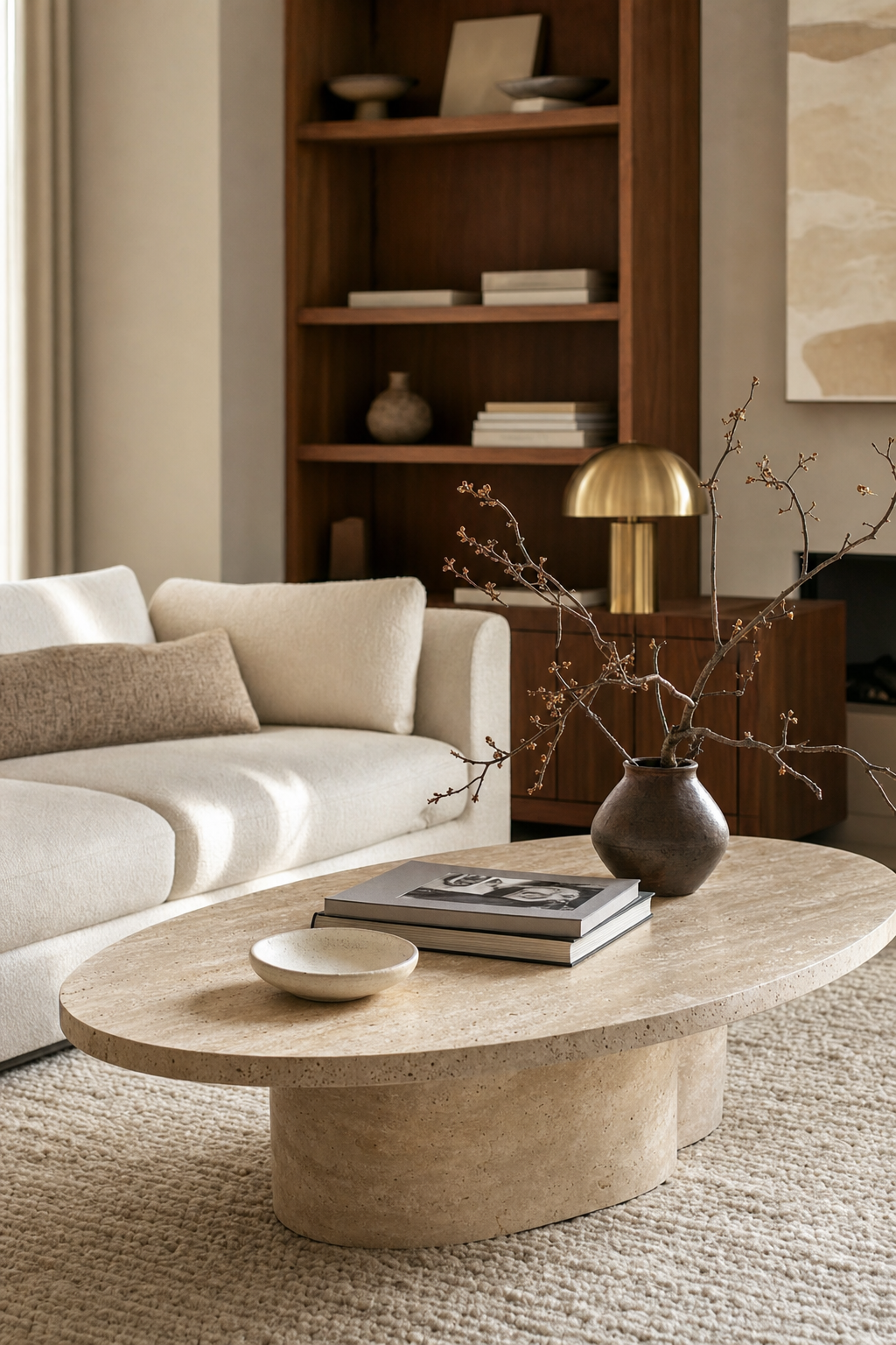 Contemporary living room with oval travertine coffee table and refined neutral styling