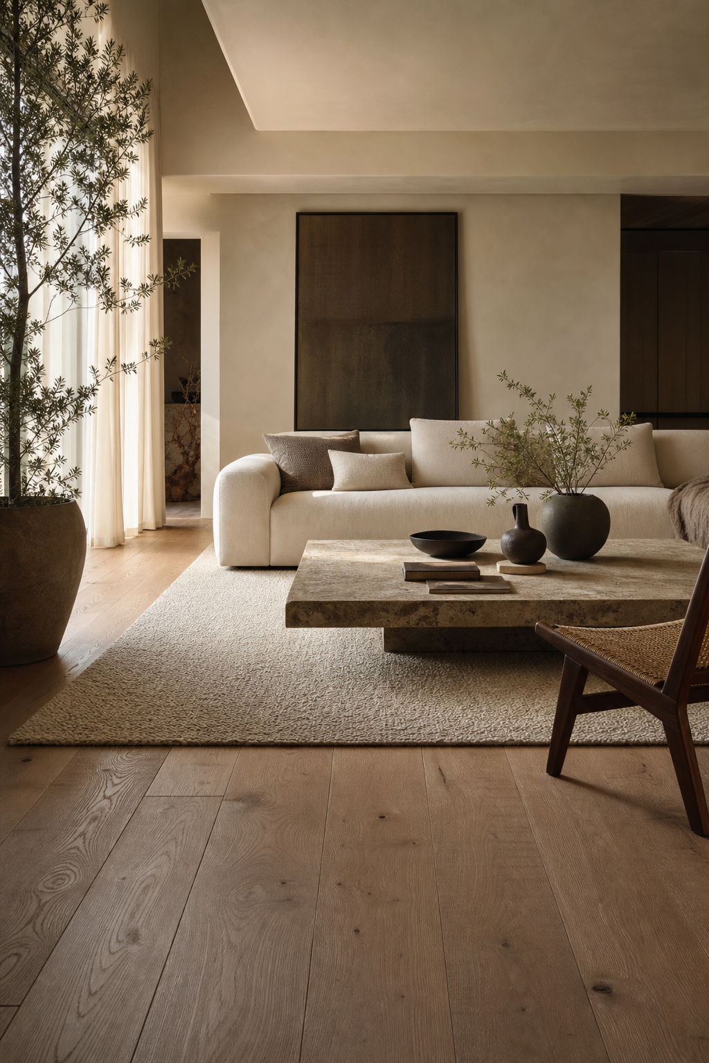layer a textured rug over wood floors in a cozy minimalist living room