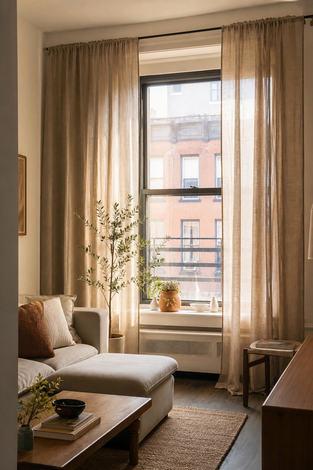 Warm apartment aesthetic idea with use curtains to soften rental windows