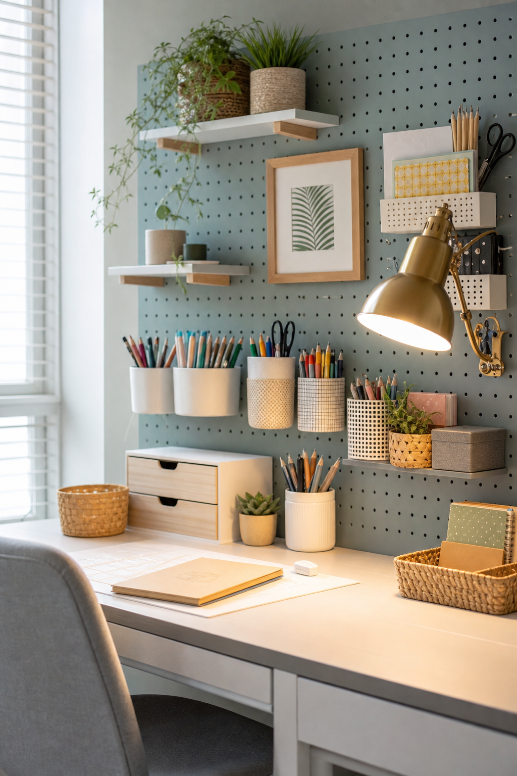 Teen desk with painted pegboard and organized DIY storage