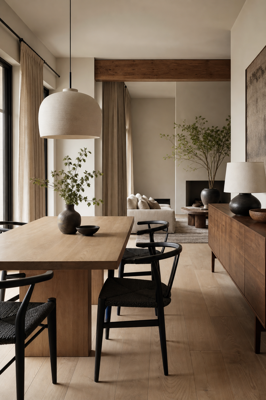 Japandi interior mixing pale oak and walnut wood tones