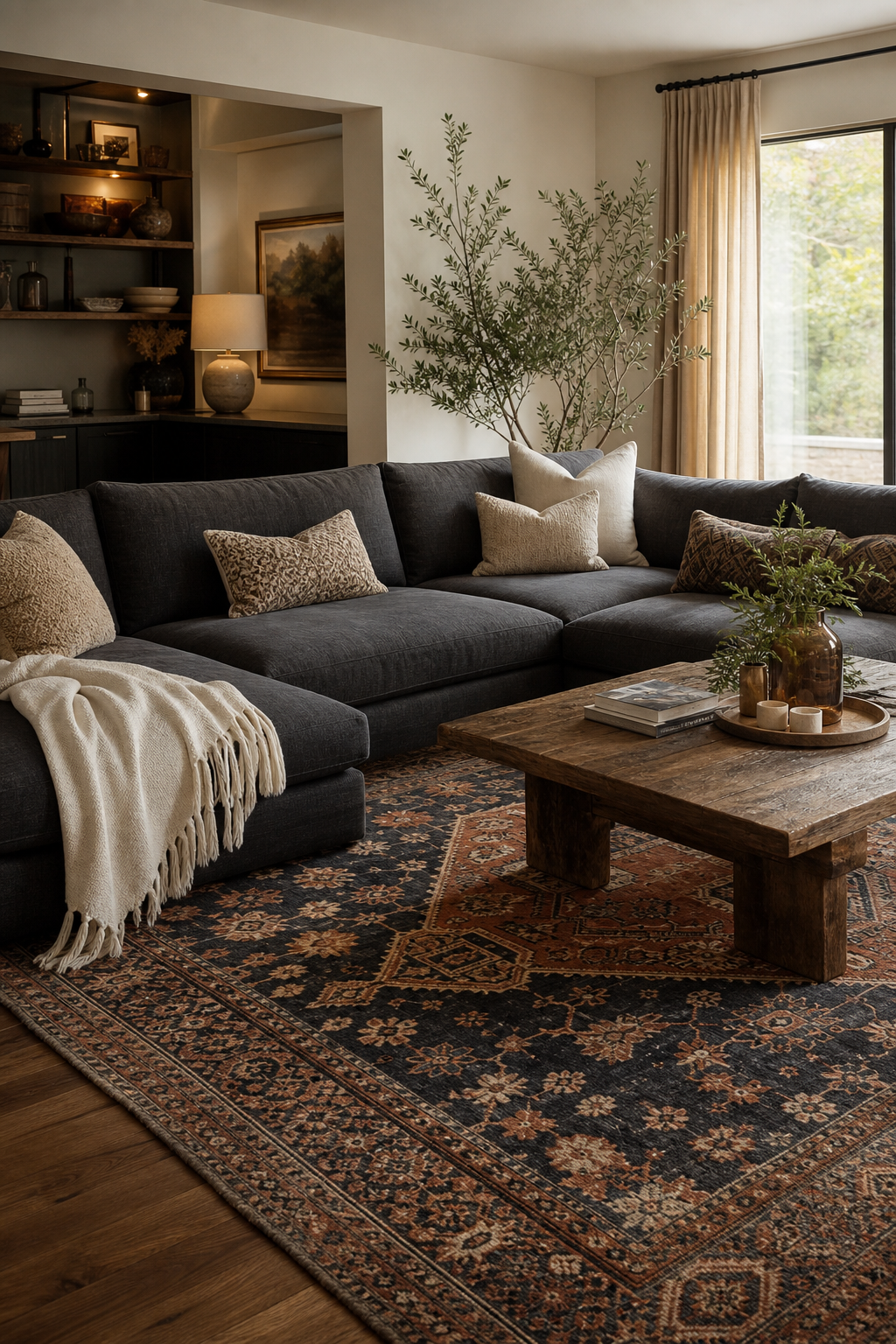 Dark grey couch styling idea with ground the sofa with a patterned rug