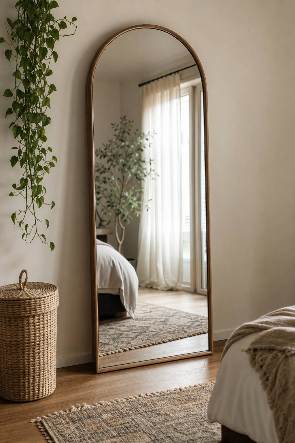 Arched floor mirror styled with a basket and plant in a cozy room corner