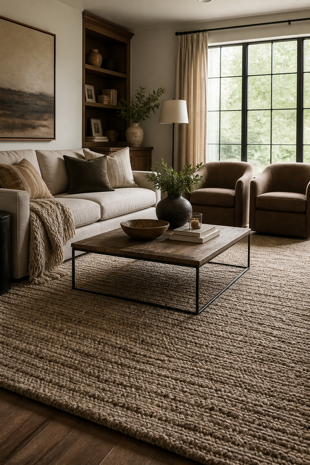 Living room with oversized textured wool rug under sofa and chairs, warm neutral colors, layered coffee table, soft daylight
