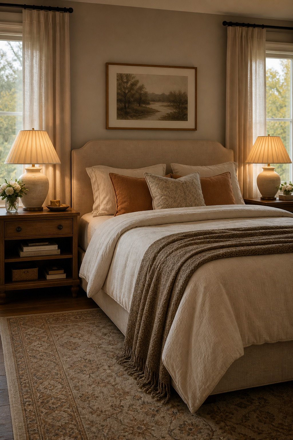Cozy bedroom with matching bedside lamps and pleated shades