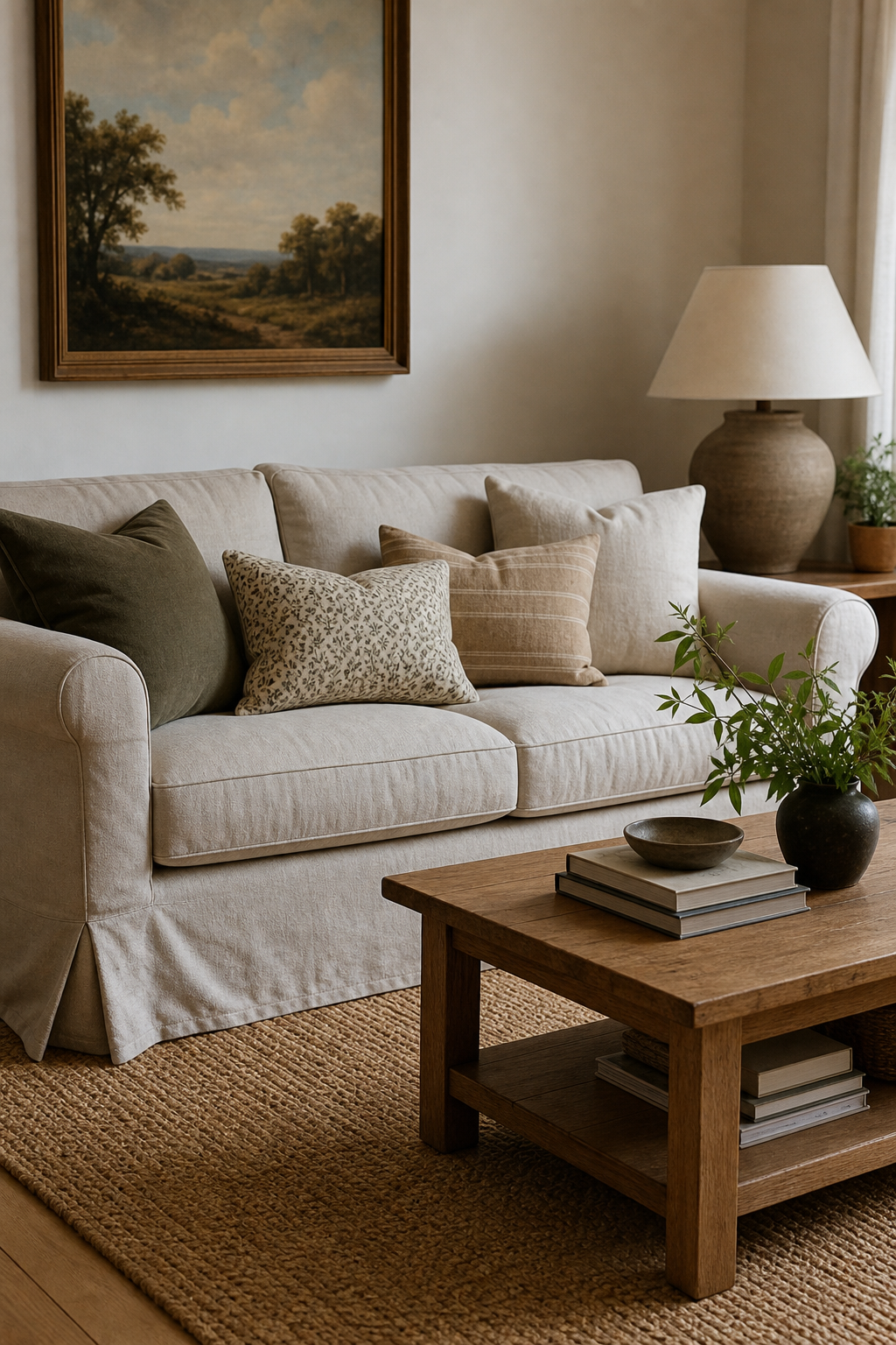 Room with tall linen curtains and soft designer decor