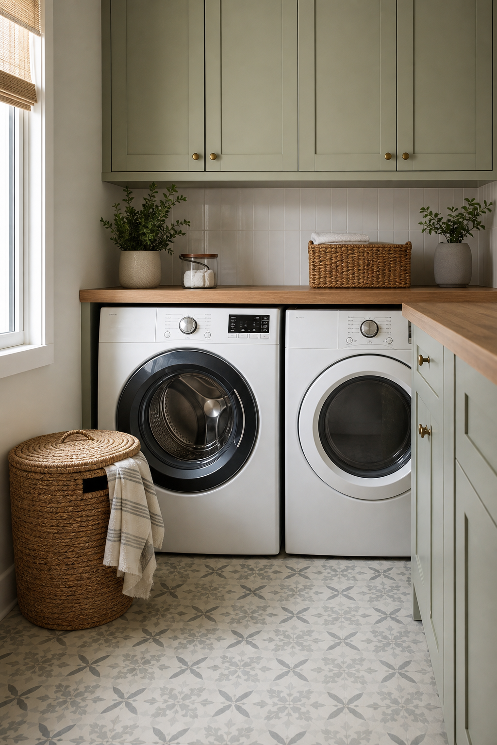 Laundry room with muted patterned floor tile and sage cabinets