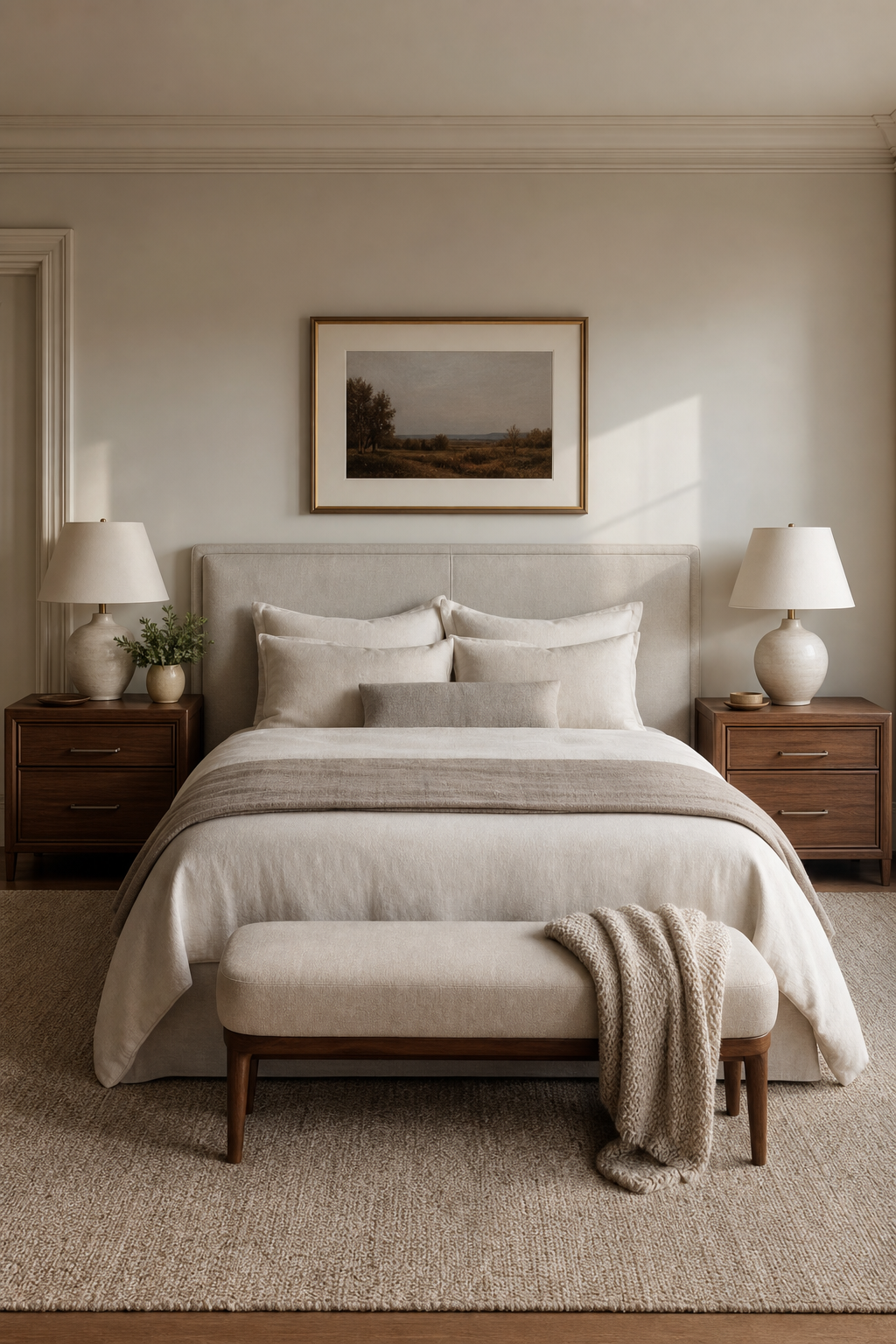 Matching walnut nightstands creating quiet symmetry beside a bed