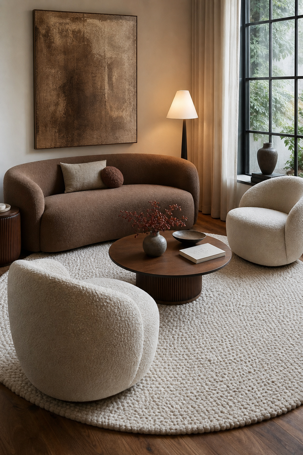 Use round rug to pull seats together in a cozy designer conversation room